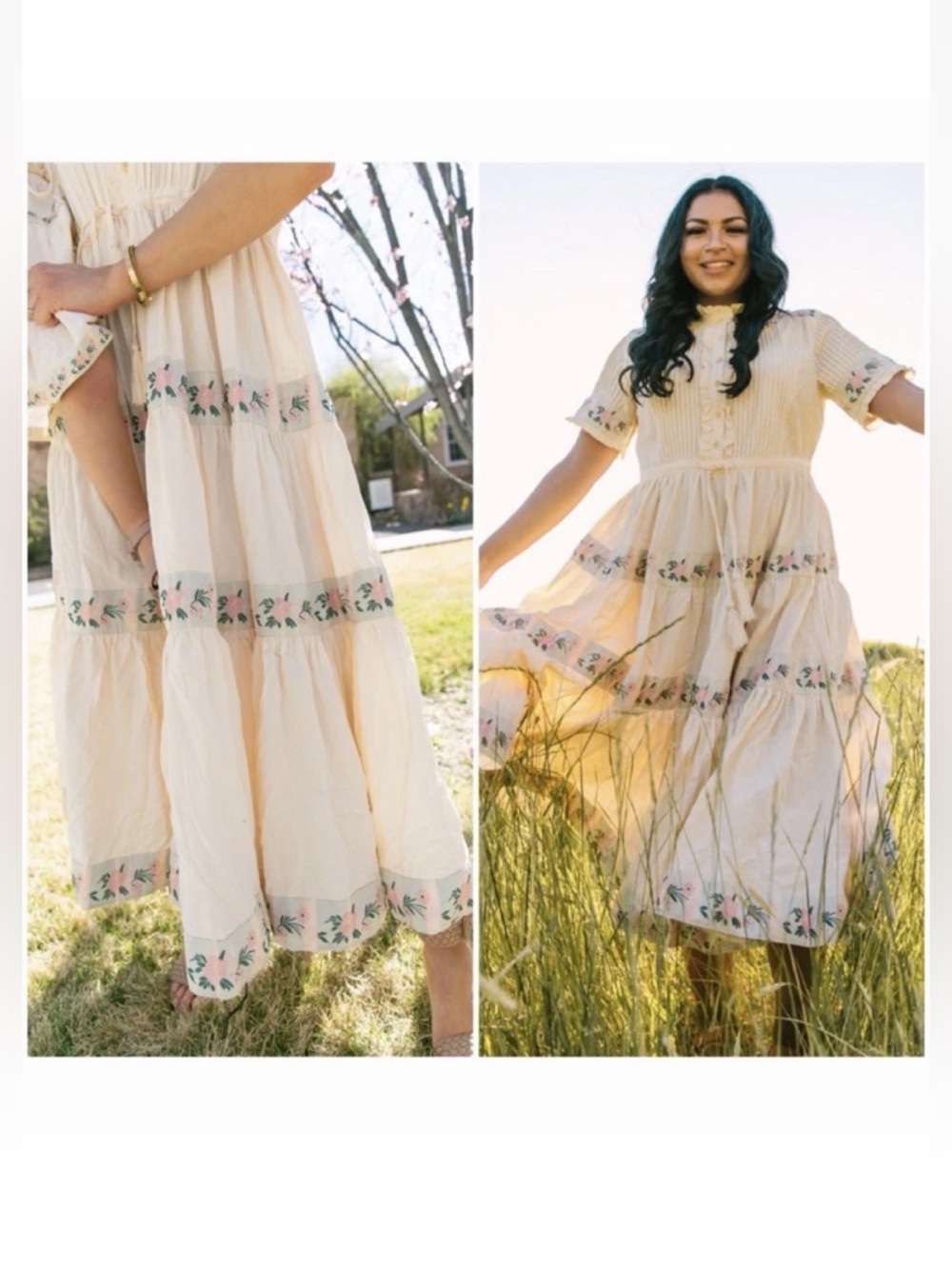 Ivy City Dress Womens Small Holland Floral  Midi Cottagecore Feminine Boho Cream - Picture 3 of 10